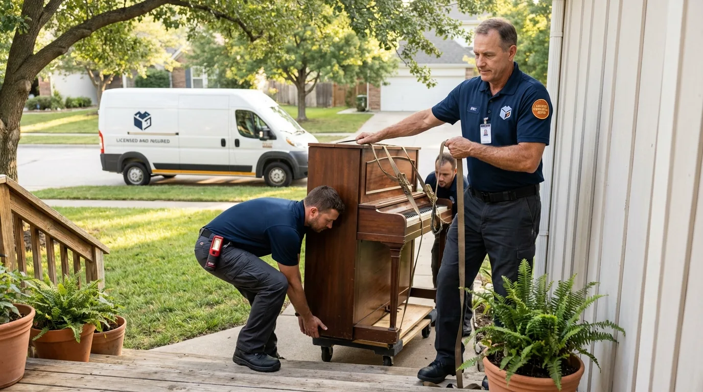 Licensed piano movers securing grand piano in Paulina, LA