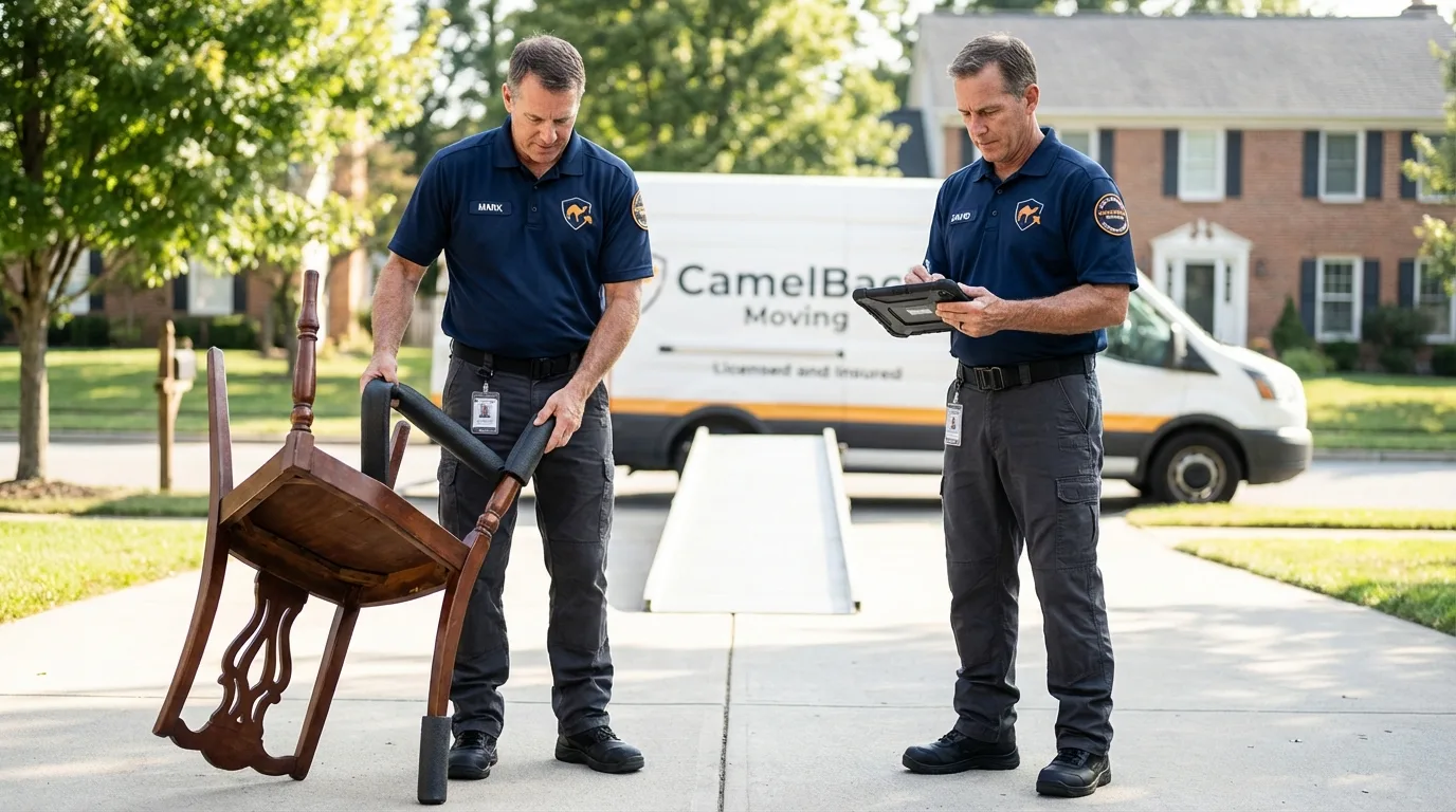Movers inspecting furniture for damage prevention before loading in Paulina, LA