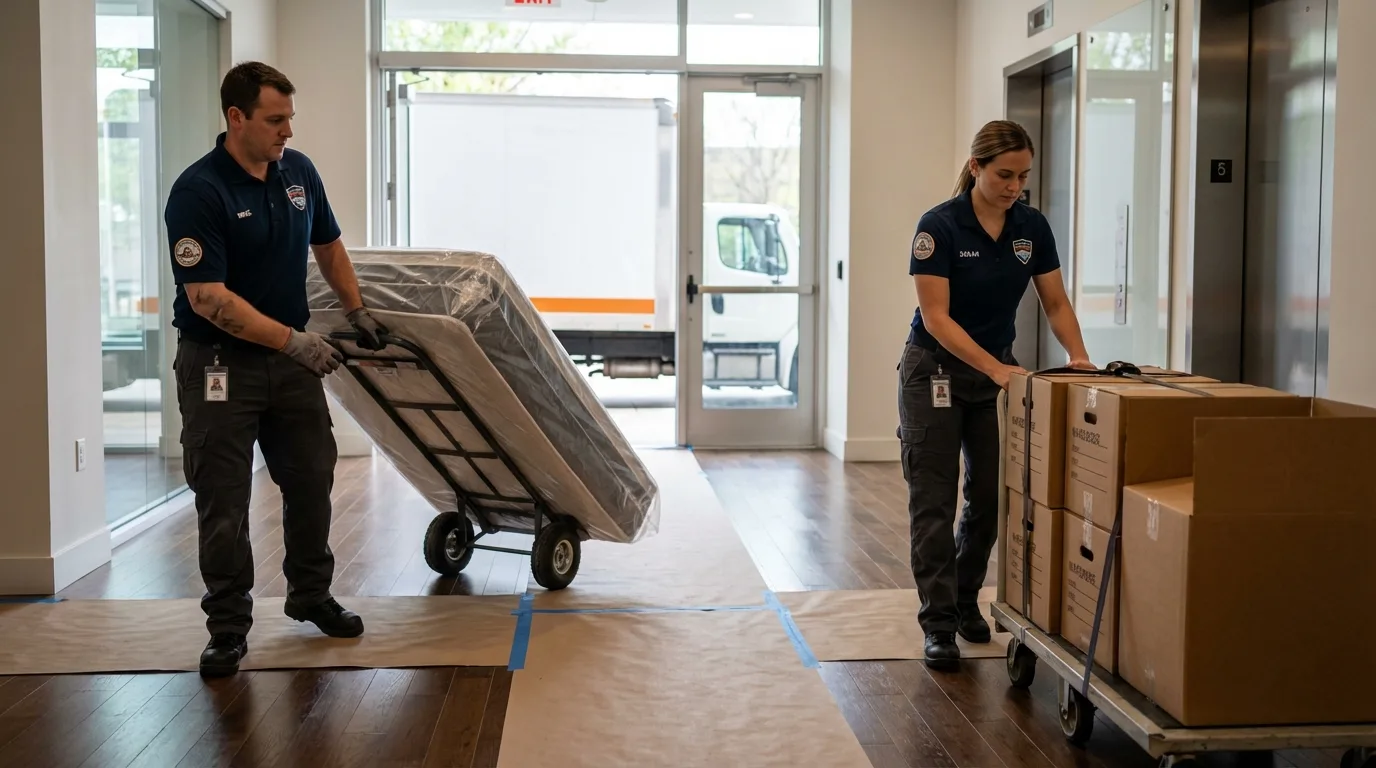 Professional apartment movers loading elevator in Paulina, LA